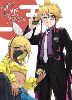 Rule 34 | 1boy, 1girl, alternate costume, black-framed eyewear, black jacket, black pants, blonde hair, blue eyes, breasts, c take0141, canari (pokemon), canari (pokemon) (cosplay), commentary request, cosplay, glasses, highres, holding, holding poke ball, jacket, kagamine len, kagamine rin, looking at viewer, mask, mouth mask, nintendo, pants, poke ball, pokemon, pokemon legends: z-a, purple shirt, shirt, small breasts, vocaloid