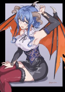 1girl alternate_costume black_gloves black_skirt blue_eyes breasts character_request demon_costume demon_girl demon_horns demon_tail elbow_gloves gloves gotland_(kancolle) highres horns kantai_collection large_breasts looking_at_viewer nail_polish official_alternate_costume red_thighhighs short_hair simple_background sitting skirt solo sugue_tettou tail thighhighs