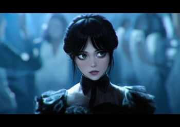 Rule 34 | 1girl, 6+others, black dress, black eyes, black hair, blurry, blurry background, closed mouth, dress, goth fashion, highres, jenna ortega, letterboxed, lips, looking to the side, multiple others, portrait, realistic, revision, sideways glance, solo focus, the addams family, umigraphics, updo, wednesday (netflix), wednesday addams