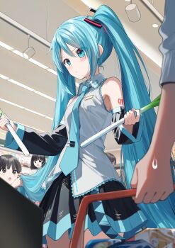 black_skirt black_sleeves breasts commentary_request detached_sleeves food grey_shirt hatsune_miku highres holding holding_food holding_vegetable long_hair multiple_girls necktie pentagon_(railgun_ky1206) pleated_skirt shirt skirt sleeveless sleeveless_shirt small_breasts solo_focus spring_onion twintails vegetable very_long_hair vocaloid