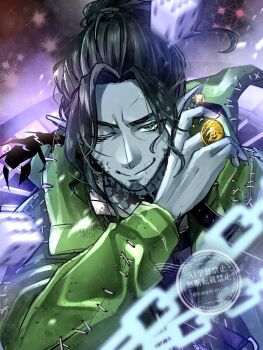 1boy beard black_hair caspicaviar chain chinstrap_beard closed_mouth coin collared_shirt colored_skin commentary_request cosplay curtained_hair dice facial_hair facial_scar green_eyes green_jacket grey_skin high_ponytail highres holding holding_coin hood hooded_jacket jacket male_focus mature_male neck_tattoo one_eye_closed oogie_boogie oogie_boogie_(cosplay) patterned_background ponytail scar scar_on_cheek scar_on_face scar_on_forehead scar_on_mouth shirt short_ponytail smile solo swing_(twisted_wonderland) tattoo the_nightmare_before_christmas twisted_wonderland upper_body watermark white_shirt