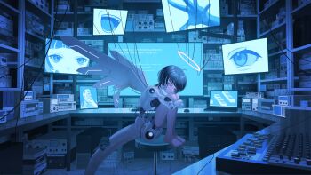 android black_hair cable commentary_request computer feet halo highres hugging_own_legs indoors joints laptop mechanical_arms mechanical_tail mechanical_wings monitor on_stool original robot_girl robot_joints sasakure_(mogunonbi) science_fiction tail white_eyes white_halo wings