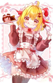 Rule 34 | 1girl, ahoge, alternate costume, apron, blonde hair, breasts, brown dress, brown thighhighs, commentary request, dress, enmaided, food, food request, fork, frilled dress, frills, fruit, hair ribbon, heart, heart-shaped pupils, highres, holding, holding fork, holding plate, juliet sleeves, long sleeves, looking at viewer, maid, maid headdress, medium hair, plate, puffy sleeves, red eyes, red ribbon, ribbon, rumia, sakuyabm, small breasts, solo, strawberry, symbol-shaped pupils, thighhighs, touhou, valentine, waist apron, watermark, white apron