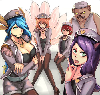 1boy 4girls ahri_(league_of_legends) alternate_costume animal_ears annie_(league_of_legends) aqua_hair bear blonde_hair blue_eyes blue_hair breasts cal_(pmgdd) cleavage facial_mark fox_ears fox_tail girls'_generation green_eyes heart high_heels k-pop large_breasts league_of_legends lulu_(league_of_legends) multiple_girls multiple_tails open_mouth pantyhose pink_hair popstar_ahri short_hair shorts smile sona_(league_of_legends) stuffed_animal stuffed_toy tail tibbers twintails whisker_markings yellow_eyes