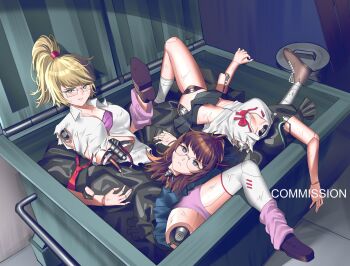 2girls black_skirt blonde_hair blue_skirt blunt_bangs bow bowtie bra broken brown_hair cameltoe clothed_robot commission dismemberment highres humanoid_robot in_container in_trash_can joints loafers looking_at_viewer mechanical_arms multiple_girls necktie original panties pink_bra pink_panties ponytail rd49 red_bow red_bowtie red_necktie robot robot_girl robot_joints shirt shoes skirt swept_bangs trash trash_bag trash_can underwear white_shirt