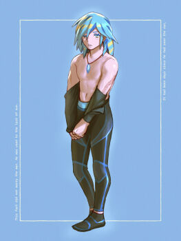 1boy aqua_eyes blue_background blue_hair clothes_pull collarbone commentary framed full_body go-lurk grusha_(pokemon) hair_between_eyes highres jewelry leggings long_hair looking_at_viewer male_focus navel necklace nintendo one_eye_closed parted_lips pokemon pokemon_sv shoes solo standing topless_male