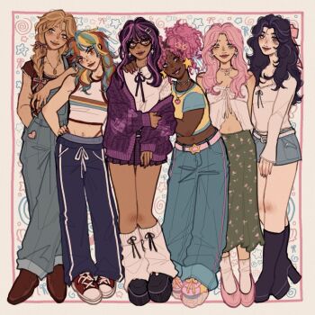 6+girls applejack belt black_hair black_shoes blonde_hair blue_eyes blue_pants boots braid brown_eyes brown_shoes closed_mouth commentary crop_top curly_hair dark-skinned_female dark_skin denim earrings english_commentary face_piercing fluttershy freckles full_body glasses green_eyes green_skirt hair_ornament hand_on_another's_shoulder hand_on_own_hip head_tilt highres jewelry lenadoodllles long_hair long_sleeves looking_at_viewer mane_six_(my_little_pony) midriff multicolored_hair multiple_girls my_little_pony my_little_pony:_friendship_is_magic navel navel_piercing necklace overalls pants parted_lips personification piercing pink_belt pink_hair pink_shoes pinkie_pie pleated_skirt purple_eyes purple_hair rainbow_dash rainbow_hair rarity_(my_little_pony) ribbon ring shirt shoes shorts skirt smile sneakers socks standing star_(symbol) star_earrings star_hair_ornament streaked_hair twilight_sparkle white_shirt white_socks