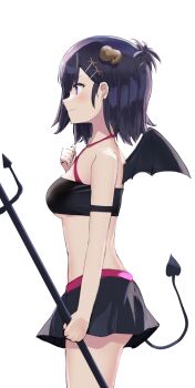 1girl absurdres arm_strap bandeau bare_shoulders black_hair black_skirt breasts closed_mouth cowboy_shot demon_girl demon_horns demon_tail demon_wings from_side gabriel_dropout hair_ornament hairclip highres holding horns medium_breasts midriff miniskirt polearm profile purple_eyes revealing_clothes short_hair simple_background skirt sleeveless smile solo sounuryu_ta spaghetti_strap standing tail thighs trident underboob vignette_tsukinose_april weapon white_background wings x_hair_ornament