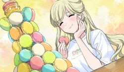 Rule 34 | 1girl, ^ ^, akroglam, blonde hair, closed eyes, closed mouth, commentary request, eating, eno (akroglam), facing viewer, food, hand on own cheek, hand on own face, hands up, highres, holding, holding food, long hair, macaron, macaron tower, official art, second-party source, shirt, short sleeves, smile, solo, t-shirt, too many, upper body, white shirt