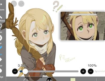 !? 1girl anime_screenshot art_program_in_frame artist_name brown_gloves derivative_work dungeon_meshi fingerless_gloves from_above gloves green_eyes grey_jacket holding holding_staff jacket long_hair looking_up marcille_donato pii_natsuuu scarf screenshot_redraw solo staff upper_body white_scarf