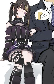 Rule 34 | 1boy, 1girl, black hair, blonde hair, blush, chain, dcinside, facepaint, fishnets, formal clothes, hair ornament, hair ribbon, hand on another's arm, holding another's arm, idolmaster, idolmaster shiny colors, ikaruga luca, looking at another, looking up, multicolored hair, necktie, p-head producer, piercing, producer (idolmaster), ribbon, rip van winkle (chlwhdgk3), suit, torn clothes, torn legwear, twintails, two-tone hair, yellow eyes