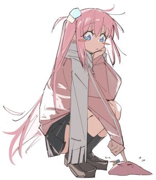 1girl ahoge black_skirt blue_eyes blush bocchi_the_rock! brown_shoes closed_mouth commentary_request cube_hair_ornament full_body gotoh_hitori gotoh_hitori_(octopus) grey_scarf hair_ornament highres long_hair looking_down lyjun2002 pink_hair pink_track_suit pleated_skirt poking scarf shoes simple_background skirt solo squatting track_suit white_background