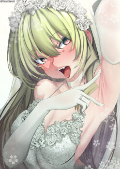 1girl absurdres armpit_focus armpits artist_name breasts bride commentary dress elbow_gloves english_commentary flower gloves green_hair hair_flower hair_ornament highres honkai_(series) honkai_impact_3rd jewelry long_hair looking_at_viewer medium_breasts mobius_(honkai_impact) open_mouth presenting_armpit purple_eyes ring rose simple_background slit_pupils tomodachi_(tomofanart) wedding_dress wedding_ring white_background white_dress white_flower white_gloves white_rose