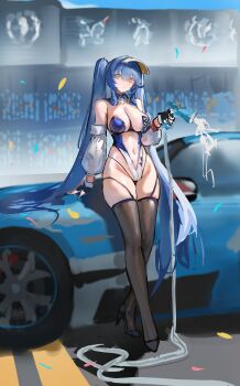 1girl azur_lane bare_shoulders black_gloves black_shoes black_thighhighs blue_hair blue_leotard breasts car chinese_commentary cleavage commentary_request detached_collar detached_sleeves essex_(azur_lane) essex_(start_line_splash)_(azur_lane) fingerless_gloves full_body gloves head_tilt high_heels highleg highleg_leotard highres holding large_breasts leaning_on_object legs leotard long_hair looking_at_viewer lump_saury motor_vehicle multicolored_leotard navel official_alternate_costume outdoors shoes solo standing thighhighs thighs twintails two-tone_leotard very_long_hair white_leotard white_sleeves yellow_eyes