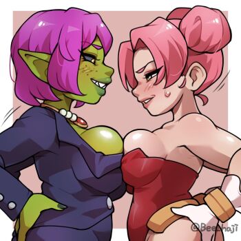 2girls bare_shoulders beecon_(bee_niji) blizzard_(company) breast_press breasts business_suit colored_skin female_goblin formal_clothes gnome_(warcraft) goblin green_skin hands_on_own_hips jewelry leotard multiple_girls necklace pink_hair pointy_ears purple_hair sharp_teeth short_hair shortstack suit symmetrical_docking teeth warcraft world_of_warcraft