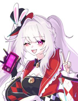 1girl animal_ears arm_at_side bow bowtie breasts butterfly-shaped_pupils cleavage diamond_(shape) diamond_facial_mark facial_mark hat heart heart_facial_mark highres holding holding_phone honkai:_star_rail honkai_(series) japanese_clothes korean_commentary maengkkong-i one_eye_closed phone pink_eyes rabbit_ears sparkle_(honkai:_star_rail) sparxie_(honkai:_star_rail) symbol-shaped_pupils twintails v white_background white_hair