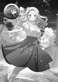 Rule 34 | 1girl, blouse, blush, bracelet, breasts, closed mouth, collared shirt, commentary request, floating hair, foot out of frame, greyscale, hakuchuumu no aojashin, high heels, highres, jewelry, long hair, long skirt, looking at viewer, momonouchi sumomo, monochrome, novel illustration, official art, outdoors, parted bangs, shimofuri, shirt, short sleeves, skirt, smile, solo, standing, wing collar