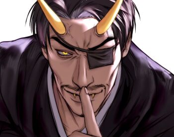 1boy adapted_costume black_hair eyepatch facial_hair fangs finger_to_mouth goatee highres horns japanese_clothes kimono looking_at_viewer majima_goro male_focus monster_boy oni portrait ryuu_ga_gotoku_(series) ryuu_ga_gotoku_1 shushing slit_pupils smile solo sotenborinpc yellow_eyes