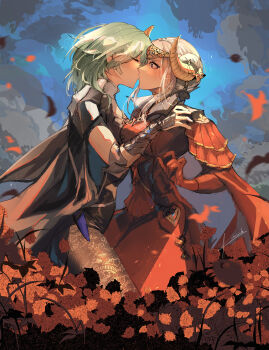 Rule 34 | 2girls, absurdres, alternate costume, blonde hair, blurry, blush, breasts, cape, closed eyes, collared cape, commentary, commission, couple, dancing, depth of field, dress, edelgard von hresvelg, edelgard von hresvelg (timeskip), english commentary, fake horns, female byleth (awakened) (fire emblem), female byleth (fire emblem), fire emblem, fire emblem: three houses, french kiss, from side, green hair, hair between eyes, headpiece, highres, holding hands, horns, imminent kiss, kimeoshi, kiss, long sleeves, medium breasts, multiple girls, nintendo, outdoors, purple eyes, red cape, red dress, sky, standing, upper body, wide-eyed, yuri