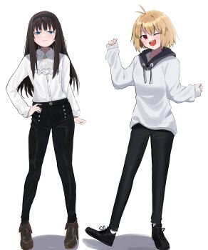 2girls absurdres ahoge alternate_costume arcueid_brunestud arm_at_side arms_up ascot bad_tag black_pants black_shoes blonde_hair blush brown_hair brown_shoes collared_shirt coti_neko hair_intakes hairband hand_on_own_hip happy highres hood hoodie long_hair multiple_girls one_eye_closed pants red_eyes shirt shoes short_hair sleeve_cuffs smile tohno_akiha tsukihime tsukihime_(remake) white_hoodie white_shirt
