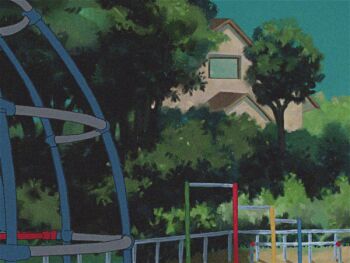 1990s_(style) 2girls animated animated_gif arms_up aubrey_(faraway)_(omori) aubrey_(headspace)_(omori) aubrey_(omori) blue_eyes blue_hairband blue_shirt bow closed_mouth colored_skin dual_persona hair_bow hairband house jacket jungle_gym long_hair long_shirt long_sleeves looking_at_viewer multiple_girls omori outdoors pink_bow pink_hair playground purple_eyes purple_hair retro_artstyle sapgoon shirt short_sleeves smile t-shirt tree white_jacket white_skin window