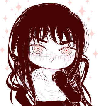 1girl blush chainsaw_man chibi chibi_only deer60868637 elbow_gloves gloves long_hair monochrome ringed_eyes shirt_tucked_in solo tank_top yoru_(chainsaw_man)