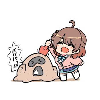 &gt;_&lt; 1girl :d ^_^ ahoge blue_bow blue_skirt blush_stickers bow breasts brown_hair cardigan chibi closed_eyes crossover gakuen_idolmaster gen_7_pokemon hair_bun hanami_ume highres idolmaster kawamochi_(kawauti919) long_sleeves medium_breasts nintendo open_mouth pink_cardigan pleated_skirt pokemon pokemon_(creature) puffy_long_sleeves puffy_sleeves sandygast shirt shovel simple_background single_side_bun skirt smile standing standing_on_one_leg thighhighs translation_request trembling white_background white_shirt white_thighhighs