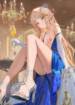 1girl alternate_costume armpit_crease bare_legs bare_shoulders blonde_hair blue_dress blue_eyes breasts bubble cartethyia_(wuthering_waves) chandelier collarbone crown_of_thorns cum cum_on_body cum_on_chest cum_on_feet cum_on_legs cup dress drinking_glass drunk earrings elbow_gloves evening_gown gloves hair_intakes high_heel_sandals high_heels holding holding_cup indoors jewelry legs long_hair looking_at_viewer multiple_earrings necklace nipples one_breast_out paid_reward_available parted_bangs pointy_ears ru_zhai sandals sidelocks sitting small_breasts solo squeans strappy_heels tacet_mark_(wuthering_waves) thighs toes very_long_hair white_gloves wuthering_waves