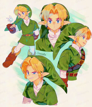 1boy adversarial_noise artist_name belt blonde_hair blue_eyes boots brown_belt brown_boots brown_gloves commentary_request earrings fairy fingerless_gloves fold-over_boots gloves green_hat green_tunic grin hat highres jewelry layered_sleeves long_sleeves looking_at_viewer male_focus multiple_views navi nintendo pants pointy_ears short_hair short_over_long_sleeves short_sleeves smile the_legend_of_zelda the_legend_of_zelda:_ocarina_of_time tokuura tunic twintails watermark watermark_grid white_pants