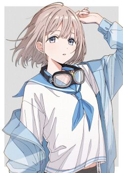 Rule 34 | 1girl, arm up, blue eyes, blue jacket, blue neckerchief, blue sailor collar, border, commentary request, earrings, goggles, goggles around neck, grey background, grey hair, highres, idolmaster, idolmaster shiny colors, jacket, jewelry, long sleeves, looking at viewer, midriff peek, neckerchief, parted lips, qaqyes re, sailor collar, serizawa asahi, shirt, short hair, single off shoulder, solo, upper body, white border, white shirt
