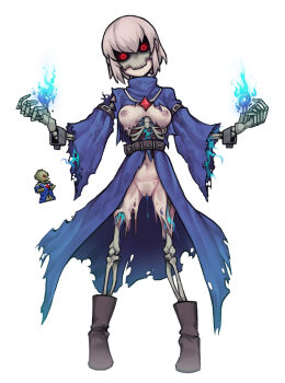 1girl 1other amulet belt blue_fire blue_robe bone boots breasts cuffs dark_caster fire full_body high_collar highres lich looking_at_viewer magic mask masked medium_breasts nyong_nyong pussy pussy_juice red_eyes ribs robe shackles terraria torn_clothes torn_robe undead white_hair wide_sleeves