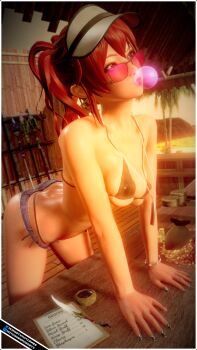 1girl 3d absurdres alternate_costume anna_(fire_emblem) ass bag bare_arms bare_shoulders beach bent_over bikini black_bikini black_nails black_swimsuit breasts chewing_gum collarbone covered_erect_nipples earrings feathers female_focus fire_emblem glasses gold hat highres hotcakesmcnasty huge_ass ink jewelry lips looking_over_eyewear looking_over_glasses looking_over_sunglasses medium_breasts medium_hair merchant micro_bikini nail_polish nintendo outdoors palm_tree pink-tinted_eyewear polearm ponytail price price_list prostitution red_eyes red_hair see-through_clothes short_shorts shorts sideboob skindentation slave smile solo spear standing story_at_source sunglasses sweat swimsuit tan tanline tinted_eyewear tree underboob weapon