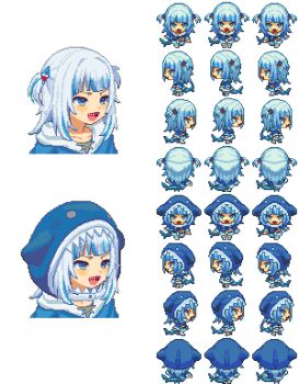 1girl alpha_transparency animal_hood blue_hair fins fish_tail gawr_gura highres hololive hololive_english hood multicolored_hair open_mouth pixel_art shark_girl shark_hood shark_tail sharp_teeth smile sprite_art sprite_sheet streaked_hair tail teeth tengu_nouzu two-tone_hair two_side_up virtual_youtuber white_hair