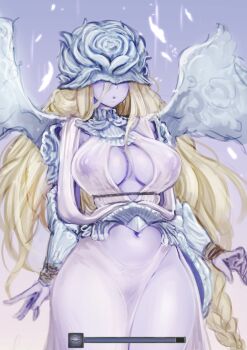 1girl arm_at_side armor barbariank blonde_hair blush breasts clothing_cutout collar colored_skin commentary covered_erect_nipples covered_eyes cowboy_shot elden_ring elden_ring_nightreign english_commentary gameplay_mechanics hair_between_eyes halter_shirt halterneck helmet helmet_over_eyes highres hip_armor long_braid long_hair medium_breasts navel navel_cutout nose_blush ornate_armor parted_lips rope_braid sarong see-through_clothes sleepy solo thighs weapon_bequeathed_harmonia_(elden_ring) white_sarong wings