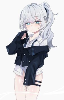 1girl absurdres black_jacket blue_eyes blush bottomless collared_shirt commentary_request covering_crotch covering_privates highres jacket korean_commentary long_hair long_sleeves looking_at_viewer original ponytail pussy_juice retri shirt simple_background skindentation sleeves_past_wrists solo symbol-shaped_pupils thigh_strap white_background white_hair white_shirt