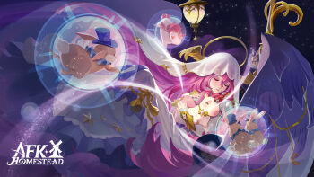 Rule 34 | 1girl, afk (series), afk journey, aurora (afk), blue hat, closed eyes, closed mouth, coach, commentary, copyright logo, crescent, double-parted bangs, dress, english commentary, feathered wings, gold bowtie, golden wings, halo, hat, head wings, highres, hug, lantern, logo, long dress, long hair, long veil, neck ruff, official art, official wallpaper, pink hair, rabbit, solo, space, star (sky), star (symbol), top hat, traditional halo, unicorn, veil, white dress, white veil, wings