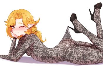 1girl ass black_pantyhose black_shoes blonde_hair blush breasts cgator closed_mouth commentary dokibird ear_piercing english_commentary high_heels highres indie_virtual_youtuber lace_pantyhose_hooked_on_heel_(meme) long_hair looking_at_viewer meme nipples no_bra no_panties one_eye_closed pantyhose piercing pointy_ears shoes simple_background small_breasts smile solo virtual_youtuber white_background