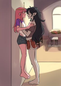 2girls adventure_time against_wall black_hair blush closed_mouth clothes_lift colored_skin eye_contact feet height_difference highres imsteli lauren_phillips_lifting_alice_merchesi_(meme) long_hair looking_at_another marceline_abadeer medium_hair meme multiple_girls pink_hair pink_skin pointy_ears princess_bonnibel_bubblegum scene_reference skirt skirt_lift tiara toes yuri