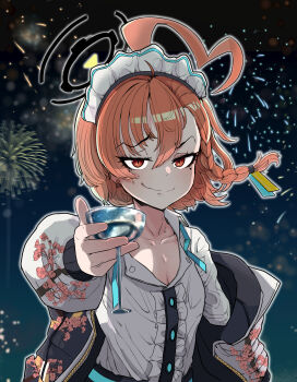 Rule 34 | 1girl, absurdres, aerial fireworks, ahoge, blue archive, braid, bubble99, center frills, closed mouth, cocktail glass, collarbone, commentary request, cup, cupping glass, drinking glass, fireworks, frills, hair between eyes, halo, highres, huge ahoge, jacket, korean commentary, looking at viewer, maid headdress, neru (blue archive), night, orange hair, red eyes, shirt, short hair, side braid, single braid, sky, smile, smirk, solo, sukajan, tsurime, upper body, white shirt