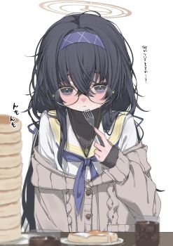 1girl absurdres bags_under_eyes black_hair blue_archive blue_neckerchief blush brown_cardigan cardigan closed_mouth commentary_request crossed_bangs cup food food_on_face fork glasses hair_between_eyes hairband halo highres holding holding_fork long_hair long_sleeves looking_at_viewer neckerchief necktie pancake pancake_stack plate purple_eyes round_eyewear sailor_collar simple_background sleeves_past_wrists solo table translation_request ui_(blue_archive) upper_body very_long_hair white_background white_sailor_collar yoru_uyo