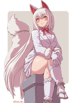 Rule 34 | 1girl, animal ears, commentary request, extra ears, fox ears, fox girl, fox tail, gloves, grey background, grey hair, highres, jacket, kemono friends, kosai takayuki, long hair, looking at viewer, neck ribbon, oinari-sama (kemono friends), ribbon, shirt, shoes, simple background, sitting, skirt, socks, solo, tail, yellow eyes