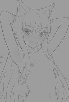 1girl absurdres animal_ears arms_behind_head breasts commentary english_commentary fang greyscale highres holo long_hair monochrome navel nipples open_mouth sketch small_breasts smile solo spice_and_wolf upper_body vesuvandrifter wolf_ears wolf_girl