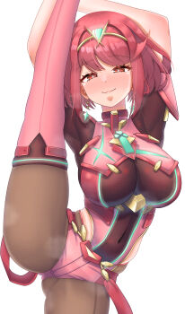 1girl absurdres armor blush bob_cut breasts chest_jewel commentary_request core_crystal_(xenoblade) cowboy_shot earrings floating_earrings full-face_blush half-closed_eyes highres holding_own_leg impossible_clothes jewelry large_breasts leg_up meipasuye nintendo pantyhose pantyhose_under_shorts pyra_(xenoblade) red_eyes red_hair red_shorts red_thighhighs short_hair short_sleeves shorts shoulder_armor simple_background smile solo split standing standing_on_one_leg standing_split super_smash_bros. suspenders swept_bangs thighhighs thighhighs_over_pantyhose tiara white_background xenoblade_chronicles_(series) xenoblade_chronicles_2
