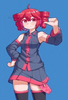 1girl ahoge arm_up bare_shoulders black_shirt black_skirt black_sleeves black_thighhighs breast_pocket detached_sleeves drill_hair feet_out_of_frame hair_between_eyes hand_on_own_hip hashtag-only_commentary headphones highres kanbaru_mitsuki kasane_teto kasane_teto_(utau) light_blush light_smile long_sleeves looking_at_viewer number_tattoo pocket pointing pointing_at_self red_eyes red_hair shirt simple_background skirt sleeveless sleeveless_shirt solo standing tattoo thighhighs twin_drills utau vocaloid_boxart_pose