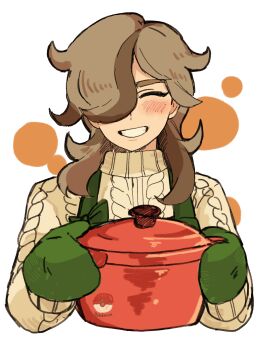 1boy arven_(holiday_2025)_(pokemon) arven_(pokemon) brown_hair commentary_request cooking_pot cropped_torso d4e6a70918 facing_viewer grin hair_over_one_eye happy highres holding holding_cooking_pot long_hair male_focus nintendo official_alternate_costume one_eye_closed oven_mitts pokemon pokemon_masters_ex smile solo sweater teeth upper_body white_background