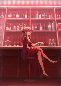 1girl absurdres alcohol aru_(blue_archive) aru_(dress)_(blue_archive) bar_(place) blue_archive blunt_bangs bottle breasts cleavage closed_mouth coat coat_on_shoulders commentary crossed_legs cup demon_horns dress drinking_glass earrings full_body halo high_heels highres holding holding_cup horns indoors jewelry long_hair looking_at_viewer medium_breasts natsumeg necklace official_alternate_costume on_stool orange_eyes red_coat red_dress red_hair red_shoes shoes sitting solo stool