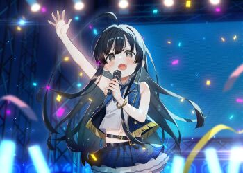 Rule 34 | 1girl, :d, ahoge, arm up, belt, black belt, black eyes, black hair, blue necktie, blue skirt, blue vest, blush, bracelet, commentary, cowboy shot, earrings, highres, holding, holding microphone, huge ahoge, idol, jewelry, layered skirt, long hair, looking at viewer, meito (maze), microphone, miniskirt, navel, necktie, open clothes, open mouth, open vest, plaid clothes, plaid necktie, plaid skirt, plaid vest, pleated skirt, shirt, skirt, smile, solo, stage, sweat, tachikawa nobuo, ts loli oji-san no boukan, vest, white shirt