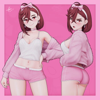 1girl 3d absurdres ass asymmetrical_bangs ayase_momo blender_(medium) blush border bow bow_choker bow_shorts breasts brown_eyes brown_hair camisole choker closed_mouth collarbone commentary crossed_bangs dandadan dated earrings english_commentary from_side hair_between_eyes hair_bow hand_on_own_hip heart heart_earrings highres jewelry kleymir long_sleeves looking_at_viewer medium_breasts medium_hair navel open_mouth open_pajamas outside_border pajamas pink_background pink_border pink_bow pink_pajamas pink_shorts print_camisole short_shorts shorts signature single_off_shoulder smile spaghetti_strap thighs white_camisole zoom_layer