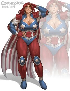 1girl absurdres american_dream american_flag american_flag_print artist_name blue_bodysuit blue_eyes blush bodysuit breasts check_copyright cleavage cloak collarbone collared_bodysuit commentary commission copyright_request covered_abs earrings english_commentary fingerless_gloves flag_print full_body gloves hand_on_own_hip hand_up highres huge_breasts jewelry lips long_hair looking_at_viewer m4rjinn multicolored_bodysuit muscular muscular_female nose red_bodysuit red_cloak red_gloves red_hair red_nails shadow simple_background smile solo standing star_(symbol) star_earrings striped_cloak two-tone_bodysuit two-tone_cloak white_background white_cloak zoom_layer
