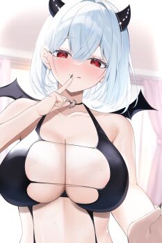 1girl black_horns black_nails black_wings breasts catrea_(vcatrea) character_request cleavage collarbone copyright_request fingernails heart highres horns red_eyes sharp_fingernails short_hair sweat upper_body virtual_youtuber white_hair wings